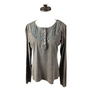 Sundance Women's Long Sleeve Lace Yoke Henley Top Gray Medium Mini Eyelets